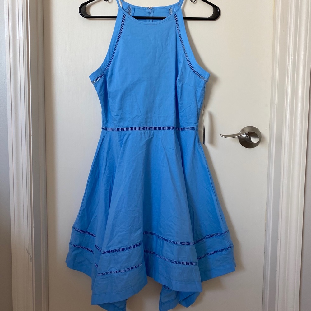High neck, fit and flare baby blue dress